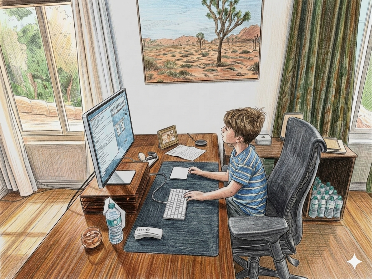 James vibe coding at his desk